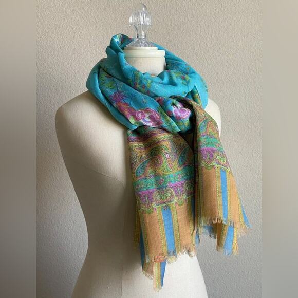 Anthropologie Moksha Wool Floral Paisley Rectangular Turquoise Scarf - Picture 1 of 8